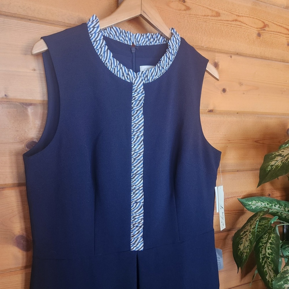 Eliza J NWT Sleeveless Ruffle Trim Fit Flare Knee Dress Navy Pleated Plus Sz 16 - Picture 3 of 11